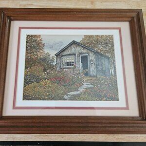 framed art print Thelma Winter titled grandmas garden rustic shed signed